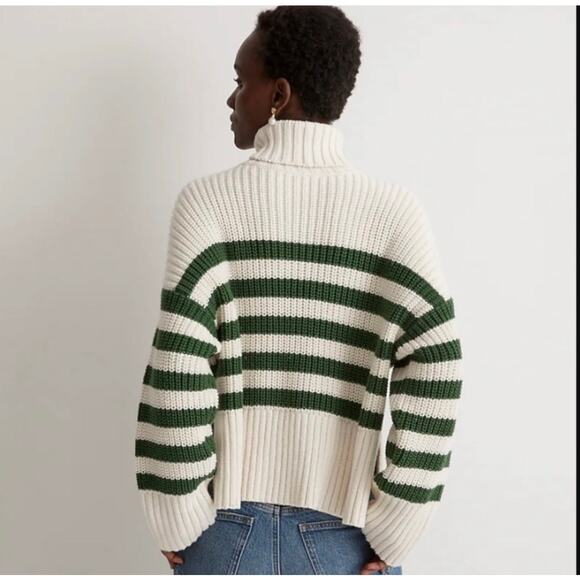 Madewell Antique Cream and Green Varsity Wide Rib Turtleneck Sweater NWOT Small - Picture 3 of 11